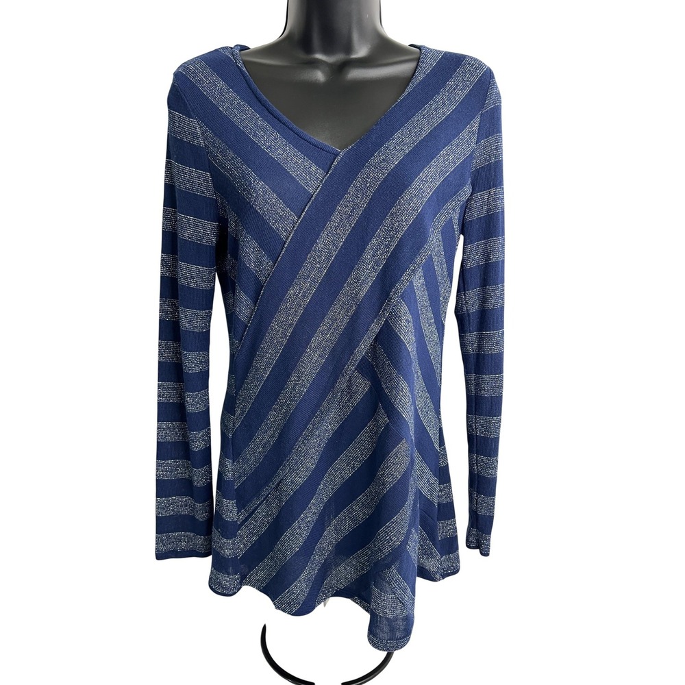 Keren Hart Sweater Womens Medium Blue Metallic‎ Striped V Neck Long Sleeve 21081